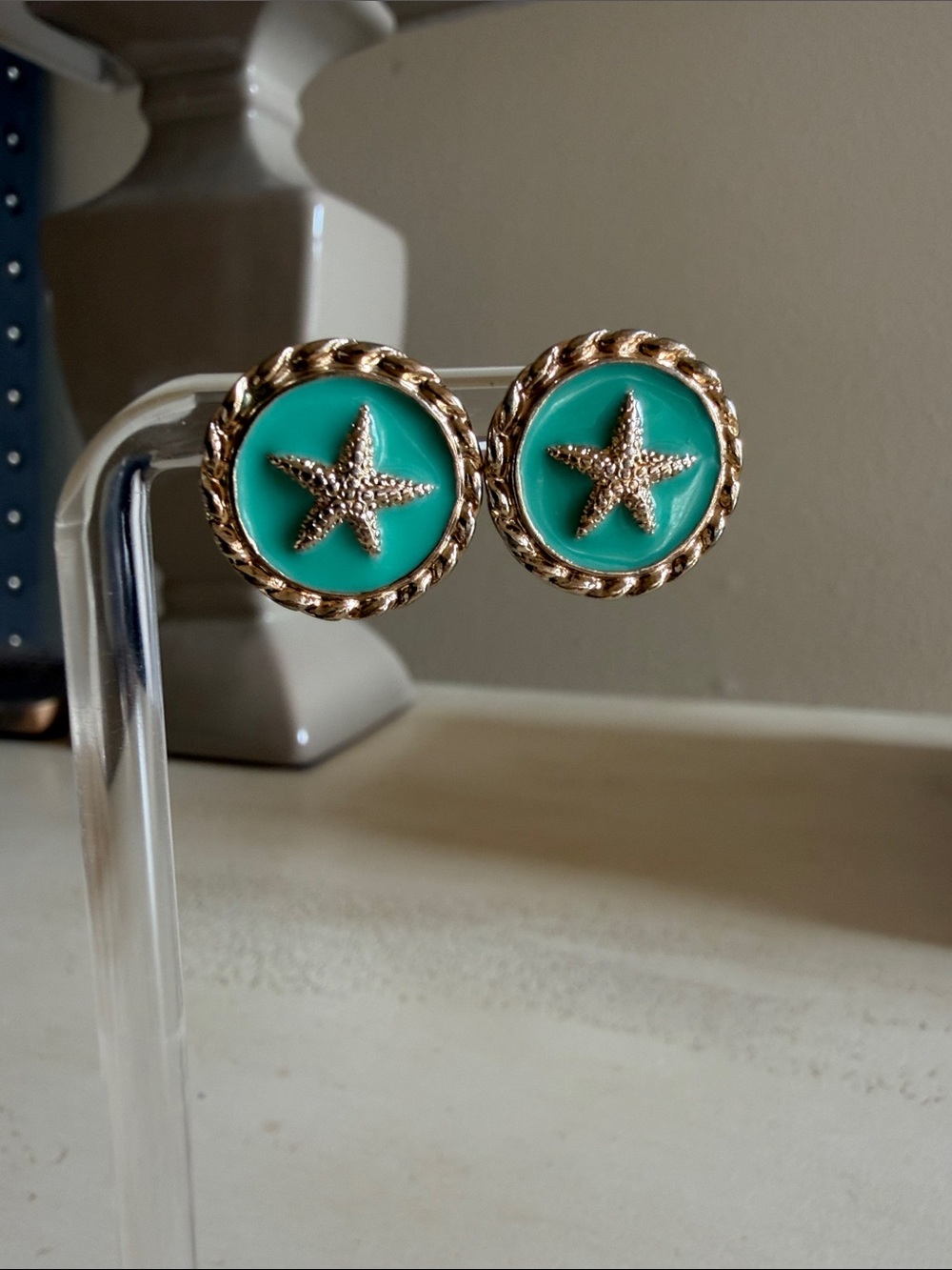 Gold Starfish Accent Green Button Earrings